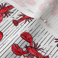 (small scale) lobsters - watercolor & ink nautical summer - red on stripes - LAD20