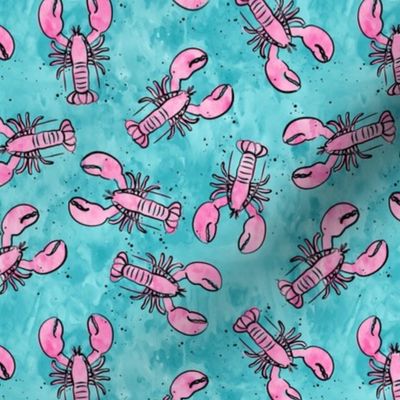 (small scale) lobsters - watercolor & ink nautical summer - pink on blue - LAD20
