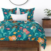 Extra Large Whimsical Mermaids Teal For Sheets Duvet and Curtains