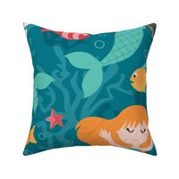 Extra Large Whimsical Mermaids Teal For Sheets Duvet and Curtains