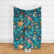 Extra Large Whimsical Mermaids Teal For Sheets Duvet and Curtains