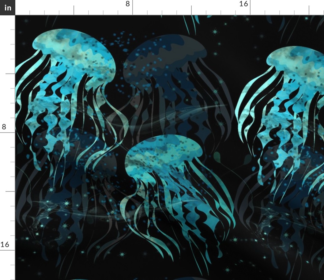 JELLYFISH MAGIC - WATERCOLOR BLUE ON DEEP OCEAN BACKGROUND