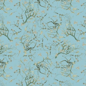 14" Van Gogh Almond  Blossoms-Tree Branches Pattern, Almond Tree Pattern- Vincent Van Gogh Fabric- Van Gogh Almond Blossoms Fabric- Watercolor Cherry Blossom  double layers, original blue