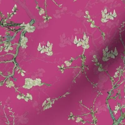 18" Van Gogh Almond  Blossoms-Tree Branches Pattern, Almond Tree Pattern- Vincent Van Gogh Fabric- Van Gogh Almond Blossoms Fabric- Watercolor Cherry Blossom  double layers, magenta pink adaption