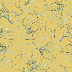 18" Van Gogh Almond  Blossoms-Tree Branches Pattern, Almond Tree Pattern- Vincent Van Gogh Fabric- Van Gogh Almond Blossoms Fabric- Watercolor Cherry Blossom  double layers, yellow adaption