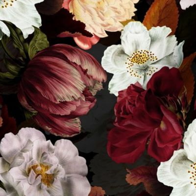 Small Vintage Summer Dark Night Romanticism:  Maximalism Moody Florals- Antiqued Pink And Cream Jan Davidsz. de Heem Roses Bouquets Nostalgic -  Gothic Mystic Night-  Antique Botany Wallpaper and Victorian Goth Mystic inspired
