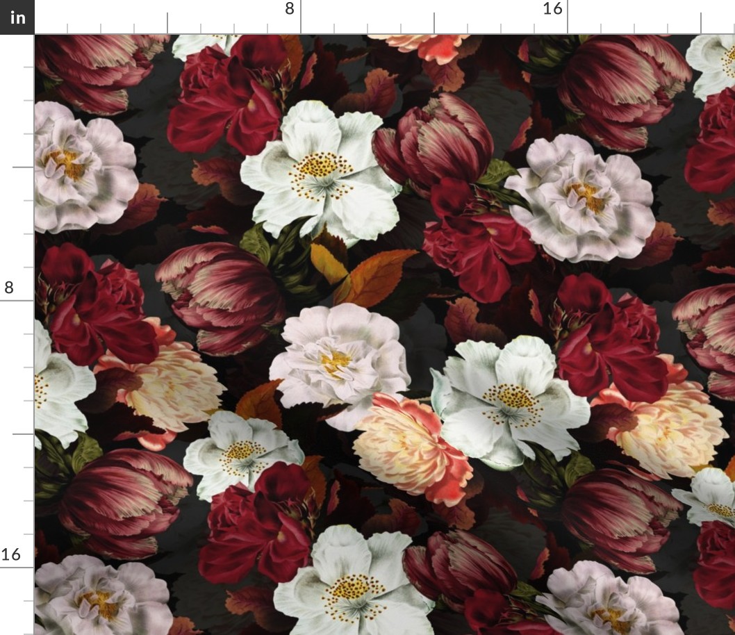Small Vintage Summer Dark Night Romanticism:  Maximalism Moody Florals- Antiqued Pink And Cream Jan Davidsz. de Heem Roses Bouquets Nostalgic -  Gothic Mystic Night-  Antique Botany Wallpaper and Victorian Goth Mystic inspired