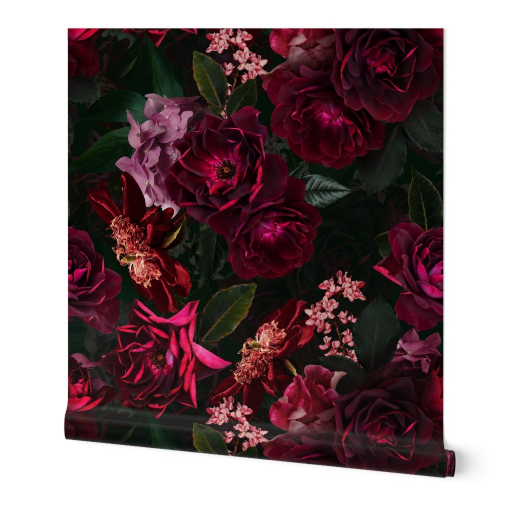 Vintage Summer Romanticism: Maximalism Real Moody Florals - Antiqued burgundy Roses and Nostalgic Gothic Mystic Night 5- Antique Botany Wallpaper and Victorian Goth Mystic inspired