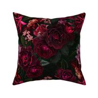 Vintage Summer Romanticism: Maximalism Real Moody Florals - Antiqued burgundy Roses and Nostalgic Gothic Mystic Night 5- Antique Botany Wallpaper and Victorian Goth Mystic inspired