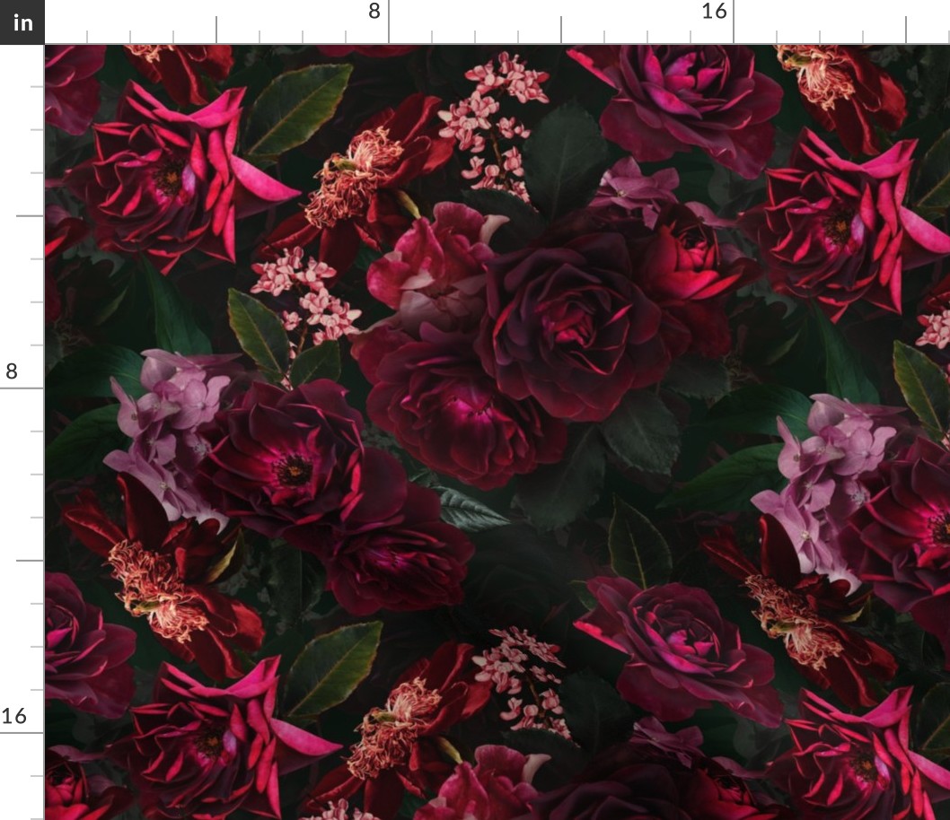 Vintage Summer Romanticism: Maximalism Real Moody Florals - Antiqued burgundy Roses and Nostalgic Gothic Mystic Night 5- Antique Botany Wallpaper and Victorian Goth Mystic inspired