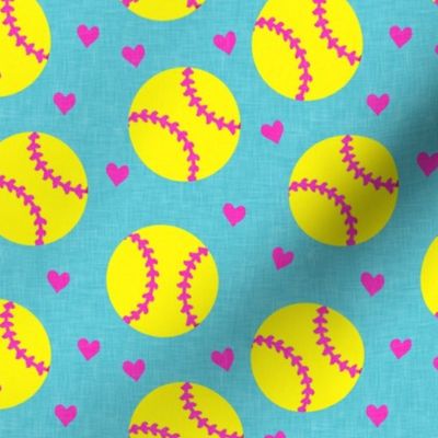 softballs and hearts - pink on blue - LAD20