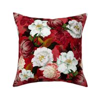 14" Lush  antique hand drawn watercolor roses and peony pattern made of floral vintage elements with double layer red