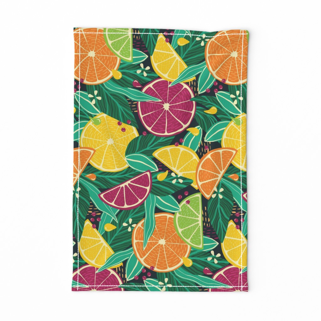 Large Tropical Summer Citrus Fruit Slices Lemon, Orange, Grapefruit On Moody Dark Green