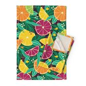 Large Tropical Summer Citrus Fruit Slices Lemon, Orange, Grapefruit On Moody Dark Green