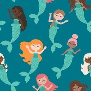 Whimsical Mermaids In Teal Sea