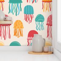 Rainbow Cute Jellyfish Colorful Ocean Pattern on tan