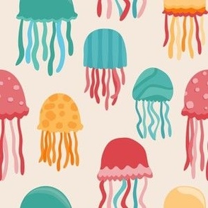 Rainbow Cute Jellyfish Colorful Ocean Pattern on tan