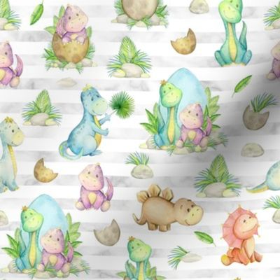 Dinosaur Friends (grey stripe) – Kids Fabric, 8" repeat