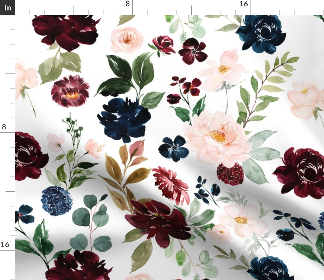 Large // Navy Burgundy Rose Wildflowers