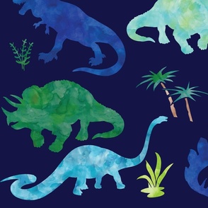 Extra Large Watercolor Dino Silhouettes Blue for Sheets Curtains Duvets