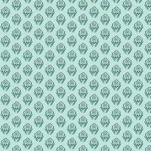 Aqua background, forest green and white flower