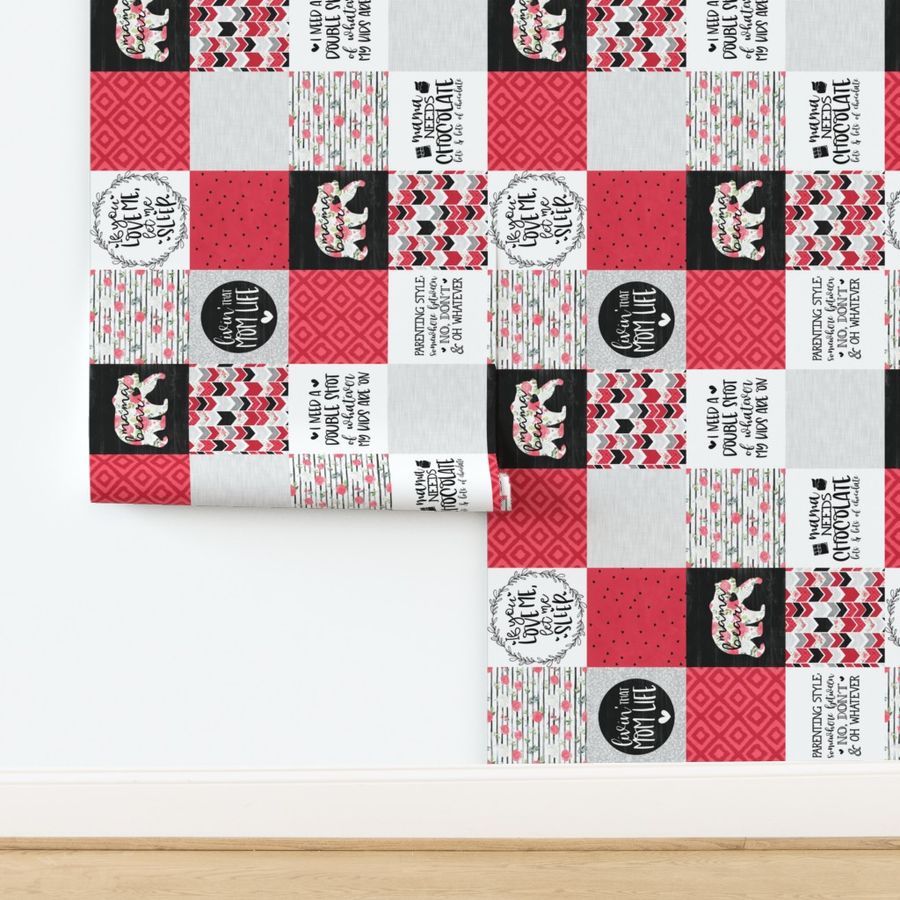 MomLife//Chocolate//Red - Wholecloth Cheater Quilt - Rotated