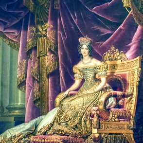 Queen beautiful lady Victorian baroque gold crown tiara  coronation throne palace castle corset lace up crisscross  gown dress eagles curtains lace puffy sleeves yellow purple gold red portrait  ringlets curly hair chestnut barrel elegant gothic lolita eg