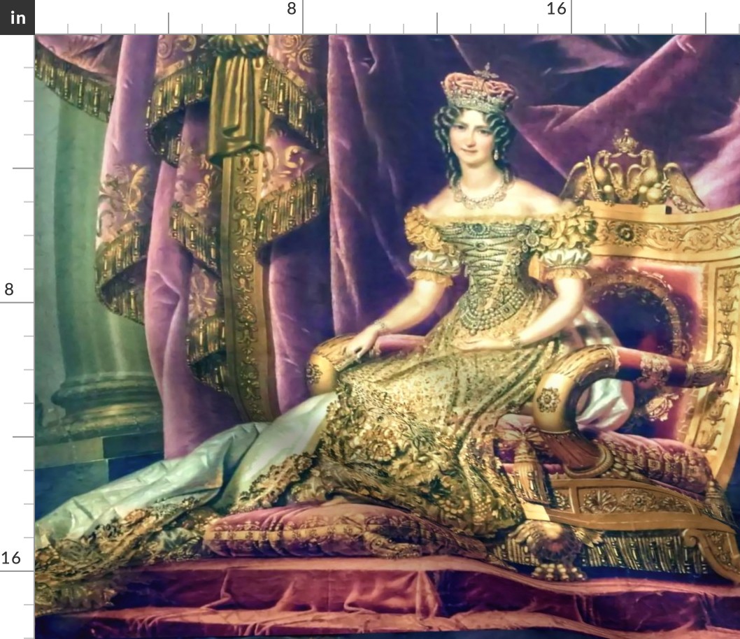 Queen beautiful lady Victorian baroque gold crown tiara  coronation throne palace castle corset lace up crisscross  gown dress eagles curtains lace puffy sleeves yellow purple gold red portrait  ringlets curly hair chestnut barrel elegant gothic lolita eg