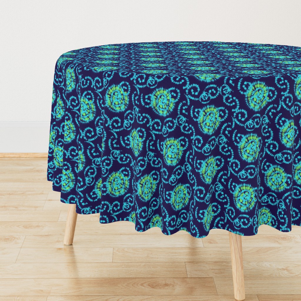 Aqua Blue and Lime Green Faux Shibori on Navy Blue