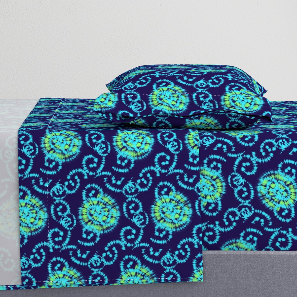 Aqua Blue and Lime Green Faux Shibori on Navy Blue