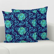 Aqua Blue and Lime Green Faux Shibori on Navy Blue