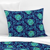 Aqua Blue and Lime Green Faux Shibori on Navy Blue