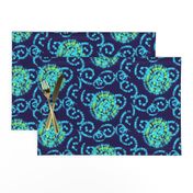 Aqua Blue and Lime Green Faux Shibori on Navy Blue