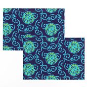 Aqua Blue and Lime Green Faux Shibori on Navy Blue