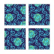 Aqua Blue and Lime Green Faux Shibori on Navy Blue