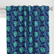 Aqua Blue and Lime Green Faux Shibori on Navy Blue