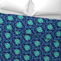 Aqua Blue and Lime Green Faux Shibori on Navy Blue