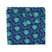 Aqua Blue and Lime Green Faux Shibori on Navy Blue