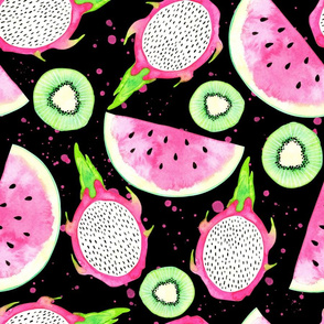 Watermelon, Dragon Fruit and Kiwi Fruit in Black