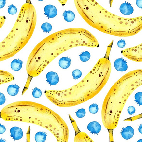 Bananas and Blueberries in Watercolour