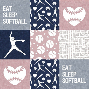 Eat Sleep Softball - softball patchwork - heart softball - fast pitch wholecloth - mauve and blue - LAD20