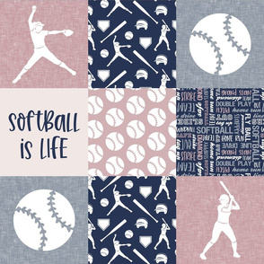 Softball is life - Softball wholecloth - patchwork sports - mauve and blue - LAD20