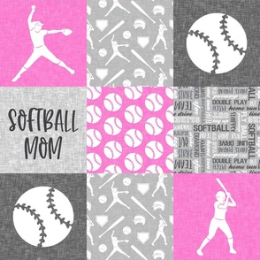 Softball Mom - Softball wholecloth - patchwork sports - pink and grey - LAD20