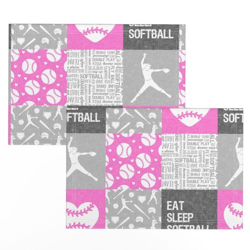 Eat Sleep Softball - softball patchwork - heart softball - fast pitch wholecloth - pink and grey - LAD20