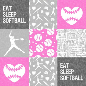 Eat Sleep Softball - softball patchwork - heart softball - fast pitch wholecloth - pink and grey - LAD20