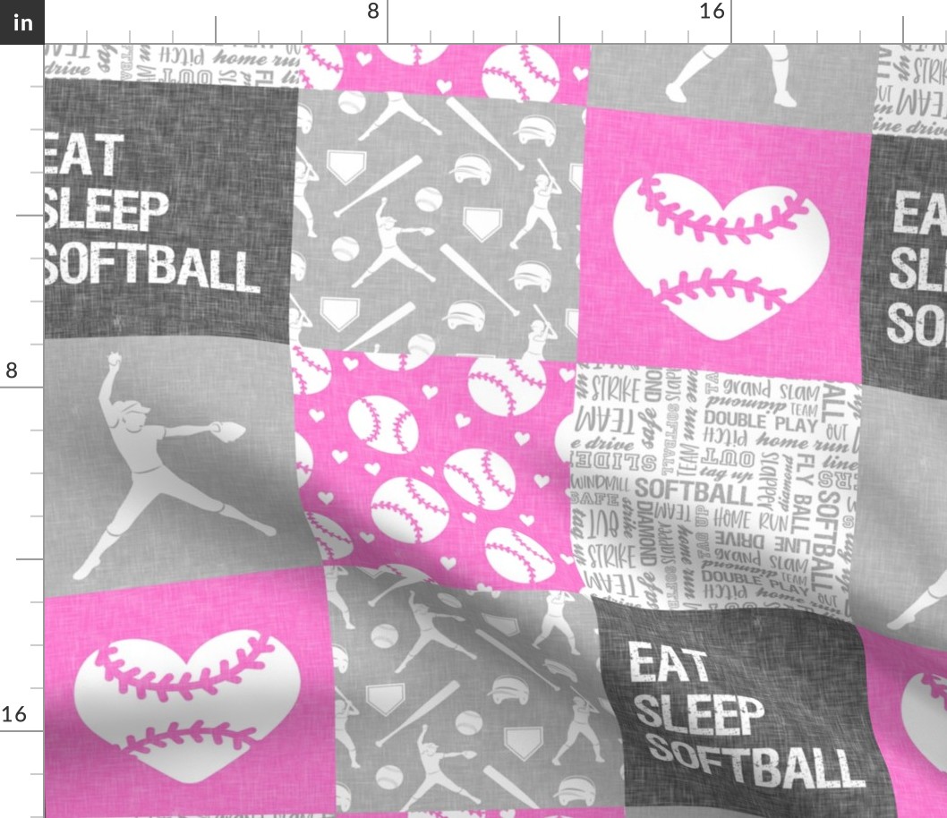 Eat Sleep Softball - softball patchwork - heart softball - fast pitch wholecloth - pink and grey - LAD20