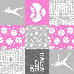 Eat Sleep Softball - softball patchwork - heart softball - fast pitch wholecloth - pink and grey (90) - LAD20