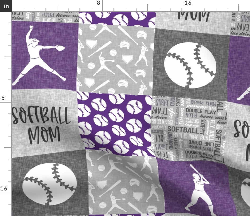 Softball Mom - Softball wholecloth - patchwork sports - purple and grey - LAD20