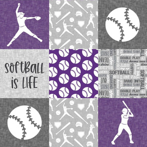 Softball is life - Softball wholecloth - patchwork sports - purple and grey - LAD20