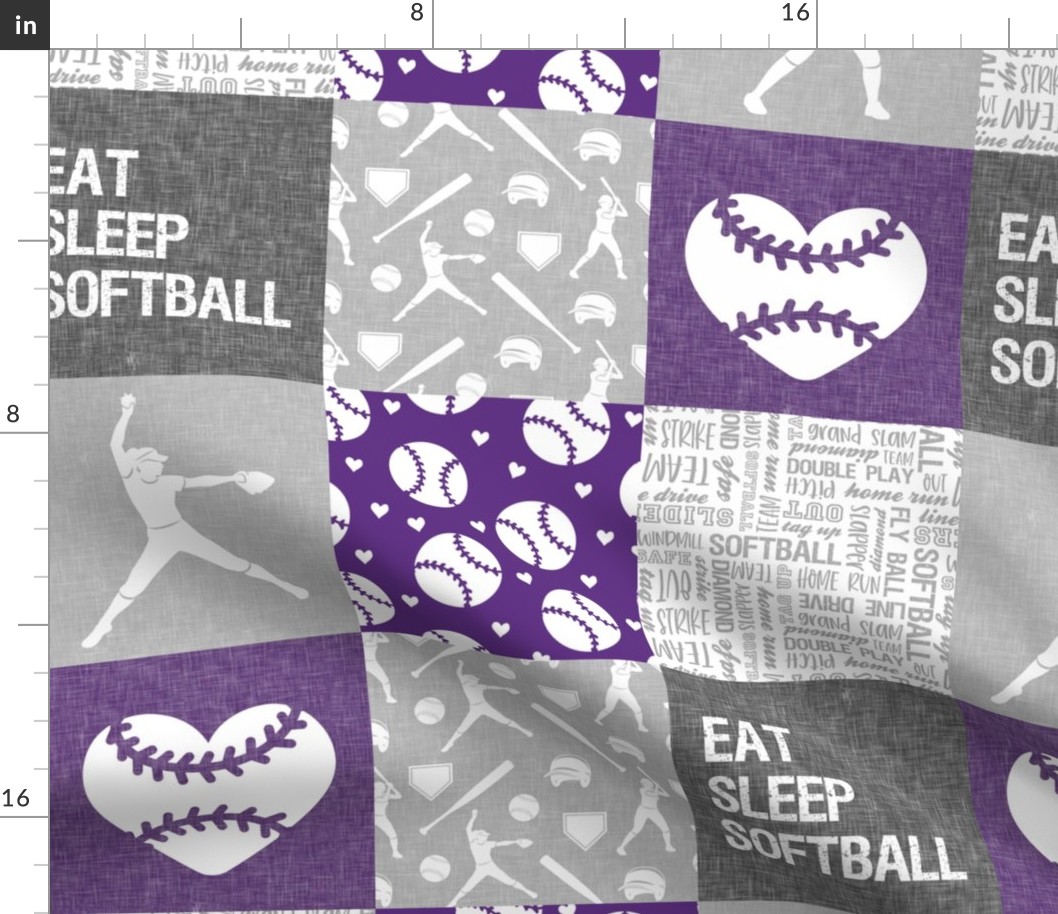 Eat Sleep Softball - softball patchwork - heart softball - fast pitch wholecloth - purple - LAD20
